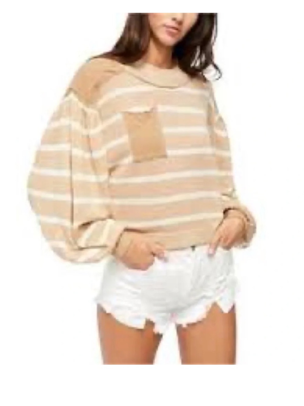 Free People Beige & White Striped Puff-Sleeve Sweatshirt